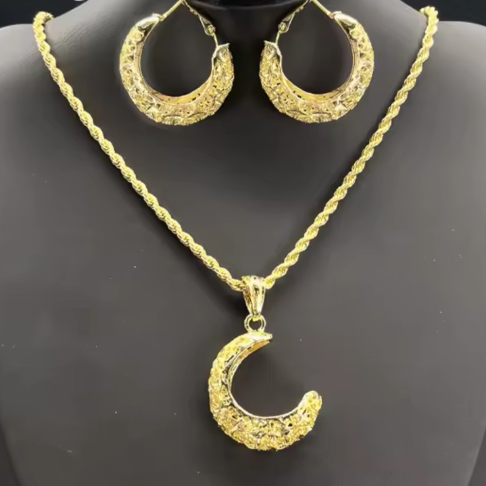 Small Gold Ornate Hollow Hoops & C Shape Necklace Set in Yellow Gold!